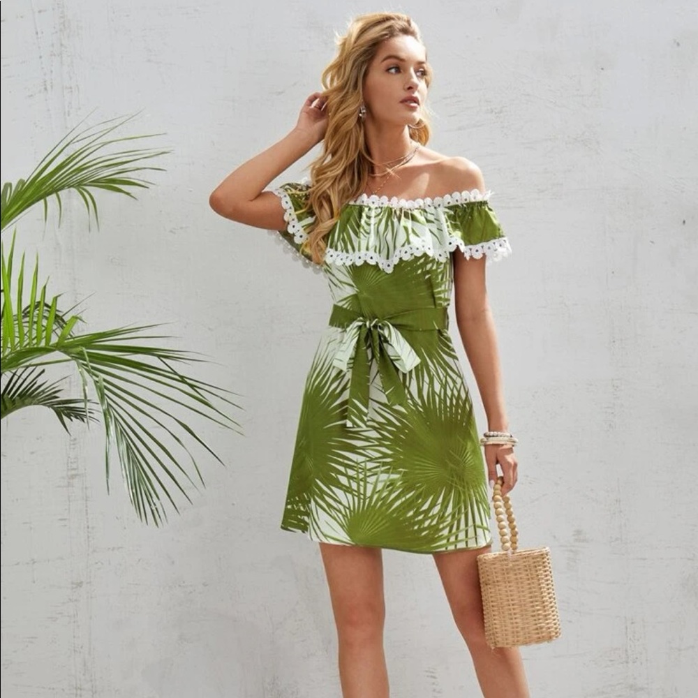 Olive green plant pattern off the shoulder belted dress